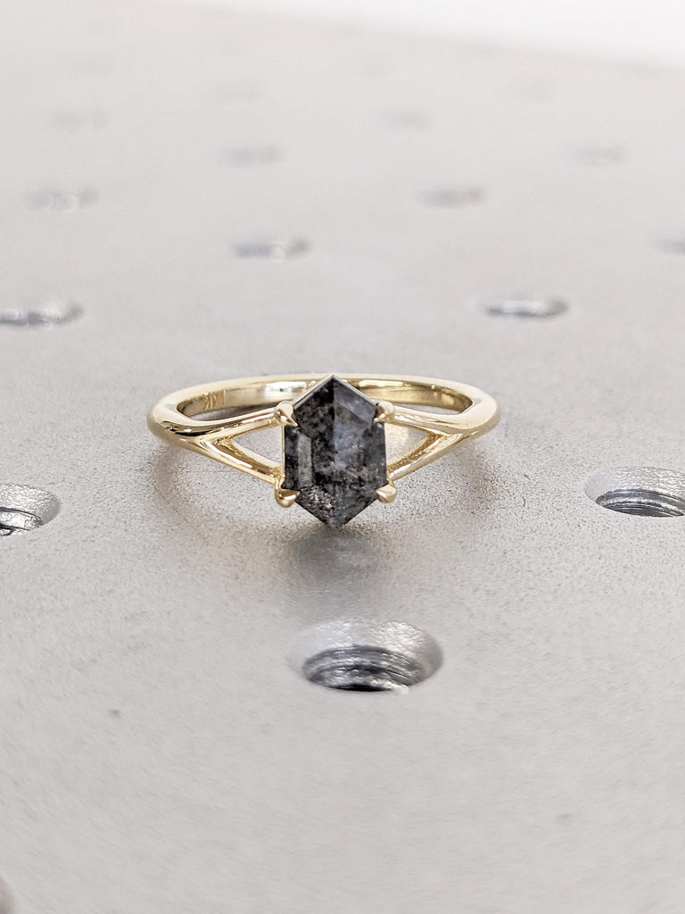 Salt and Pepper Diamond Ring | 14k Solid Gold Wedding Band | Solitaire Anniversary Ring | Hexagon Cut Diamond Ring | Birthday Gift for Wife