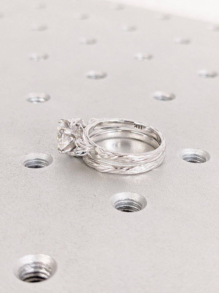 1.5ct, 2 Carat Moissanite Promise Ring | Round cut Ring | 18K White Gold Rings for Women | Twig and Leaf Rustic Engagement Stacking Ring