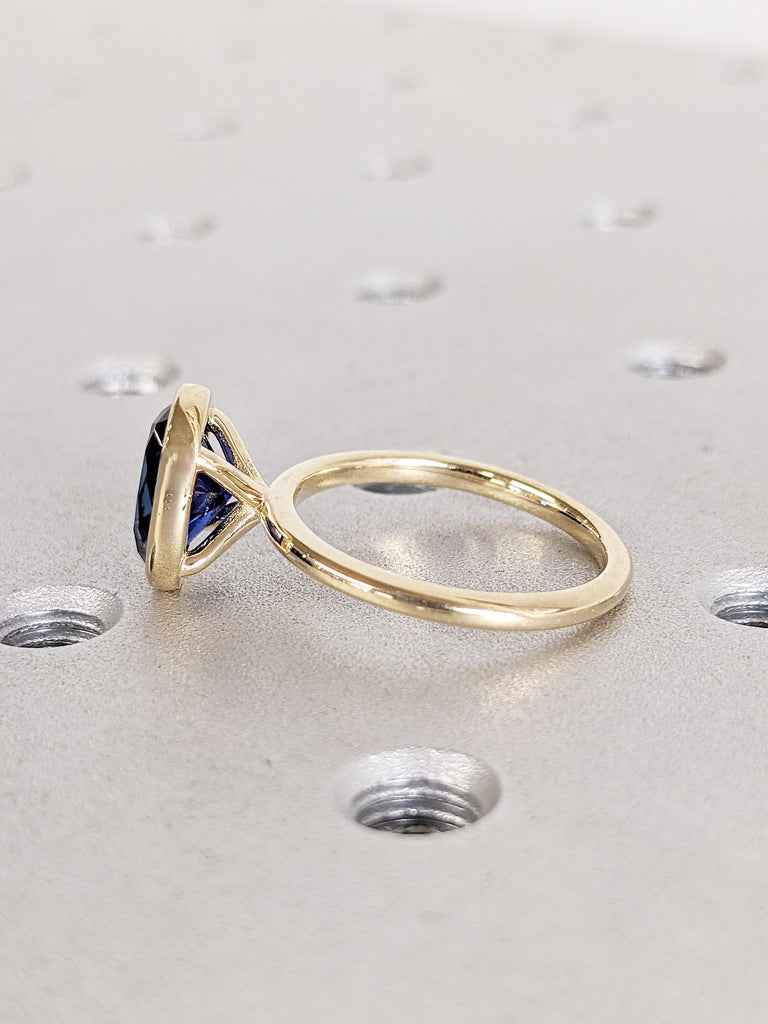 Oval Lab Sapphire Ring | 14k Yellow Gold Bezel Set Ring | Blue Sapphire Engagement Ring | Solitaire Promise Rings for Women | Gemstone Ring
