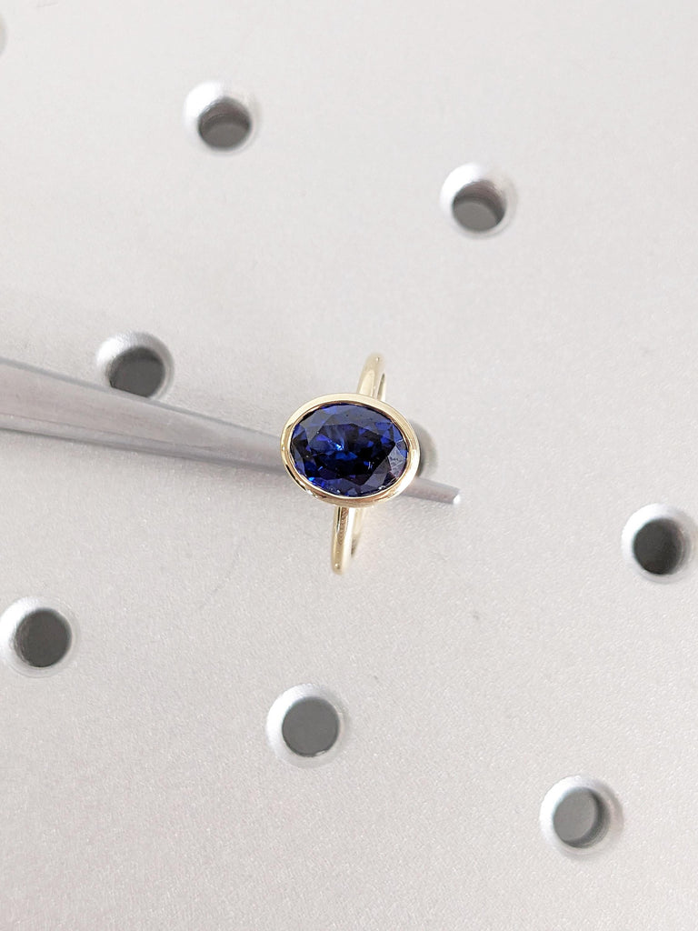 Oval Lab Sapphire Ring | 14k Yellow Gold Bezel Set Ring | Blue Sapphire Engagement Ring | Solitaire Promise Rings for Women | Gemstone Ring