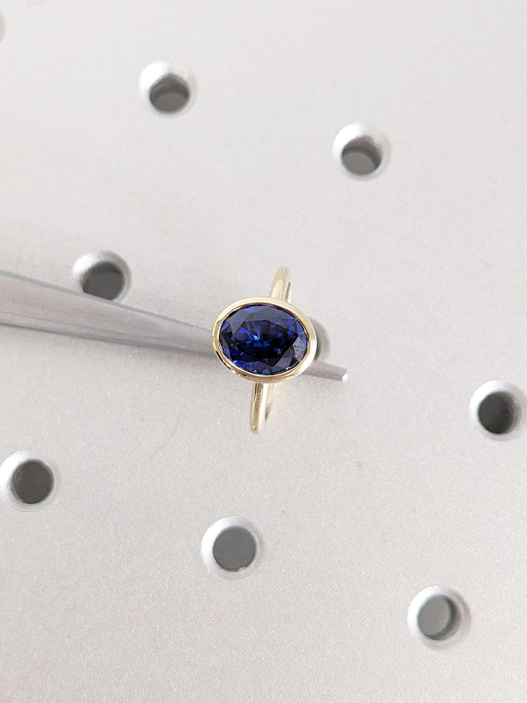 Oval Bezel Set Lab Sapphire Anniversary Ring | 14k Solid Gold Wedding Ring | Blue Sapphire Statement Ring | Minimalist Ring | Gift for Women