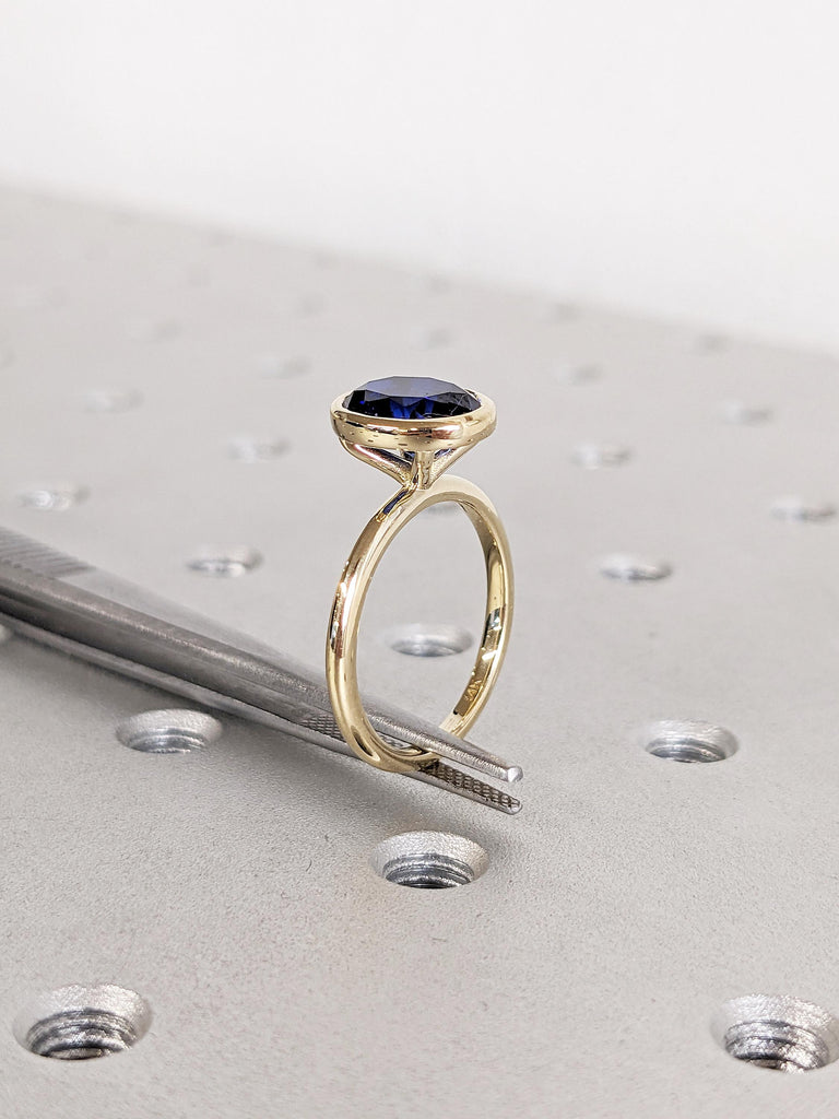 Oval Lab Sapphire Ring | 14k Yellow Gold Bezel Set Ring | Blue Sapphire Engagement Ring | Solitaire Promise Rings for Women | Gemstone Ring