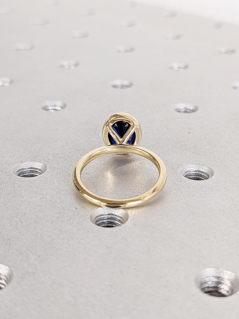 Oval Lab Sapphire Ring | 14k Yellow Gold Bezel Set Ring | Blue Sapphire Engagement Ring | Solitaire Promise Rings for Women | Gemstone Ring