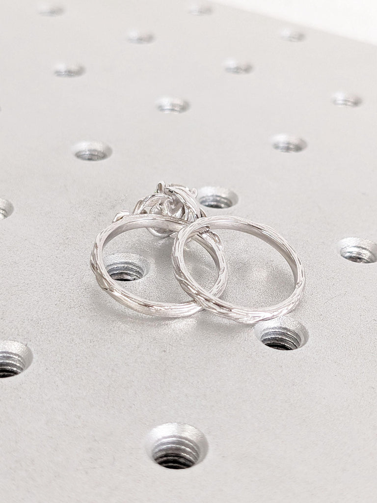 Round Lab Created Diamond Solitaire Nature Inspired Engagement Ring Set | Stacking Ring | Solid White Gold Twig Ring | Rustic Wedding Ring