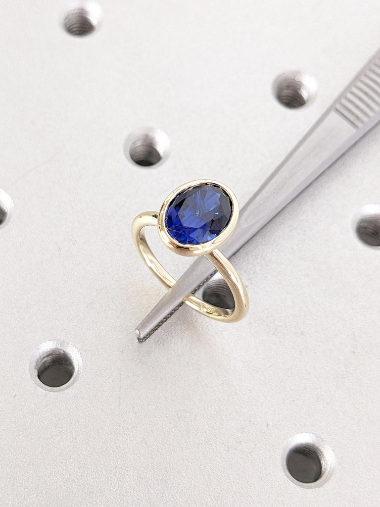 Oval Lab Sapphire Ring | 14k Yellow Gold Bezel Set Ring | Blue Sapphire Engagement Ring | Solitaire Promise Rings for Women | Gemstone Ring