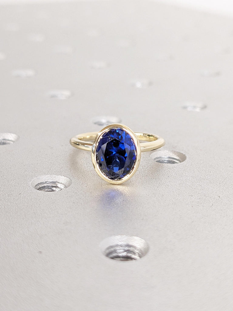 Oval Bezel Set Lab Sapphire Anniversary Ring | 14k Solid Gold Wedding Ring | Blue Sapphire Statement Ring | Minimalist Ring | Gift for Women