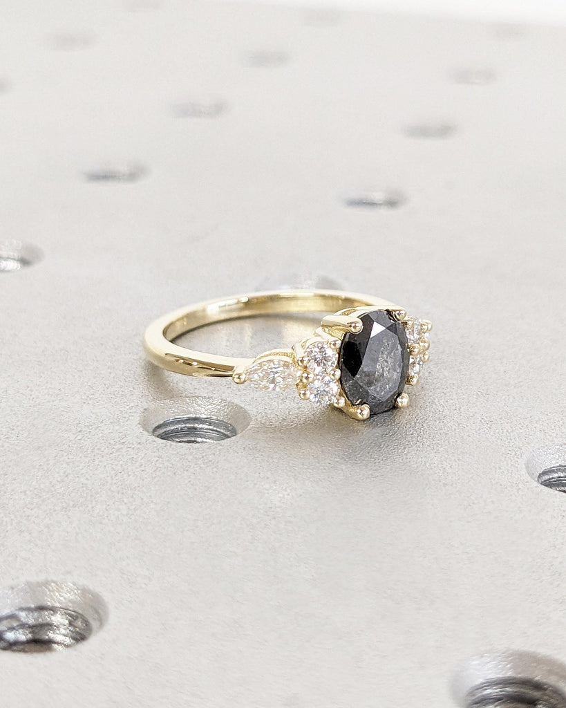 Galaxy Salt and Pepper Diamond Oval Engagement Ring, Diamond Cluster Multi-Stone Wedding Ring, 14K Yellow Gold Salt and Pepper Diamond Ring