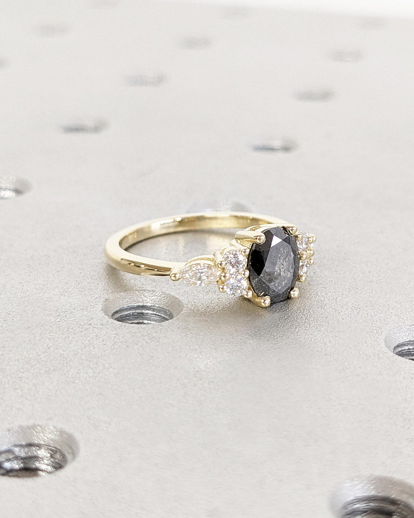 Galaxy Salt and Pepper Diamond Oval Engagement Ring, Diamond Cluster Multi-Stone Wedding Ring, 14K Yellow Gold Salt and Pepper Diamond Ring
