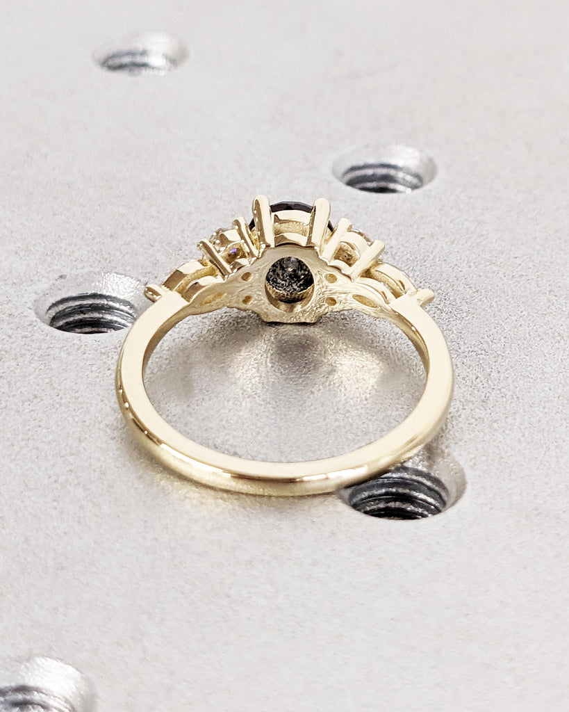 Galaxy Salt and Pepper Diamond Oval Engagement Ring, Diamond Cluster Multi-Stone Wedding Ring, 14K Yellow Gold Salt and Pepper Diamond Ring