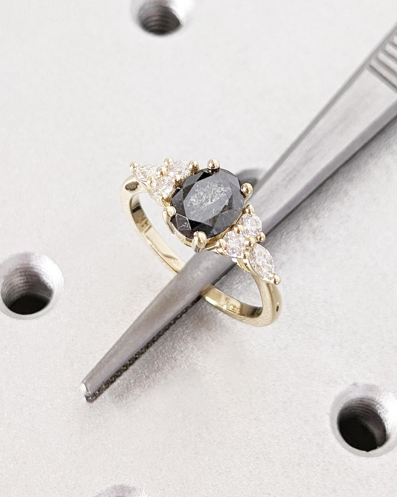 Galaxy Salt and Pepper Diamond Oval Engagement Ring, Diamond Cluster Multi-Stone Wedding Ring, 14K Yellow Gold Salt and Pepper Diamond Ring