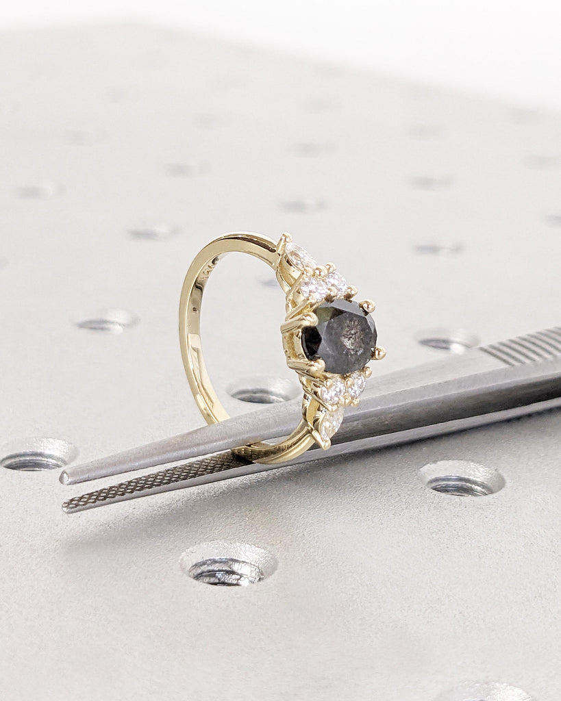 Galaxy Salt and Pepper Diamond Oval Engagement Ring, Diamond Cluster Multi-Stone Wedding Ring, 14K Yellow Gold Salt and Pepper Diamond Ring
