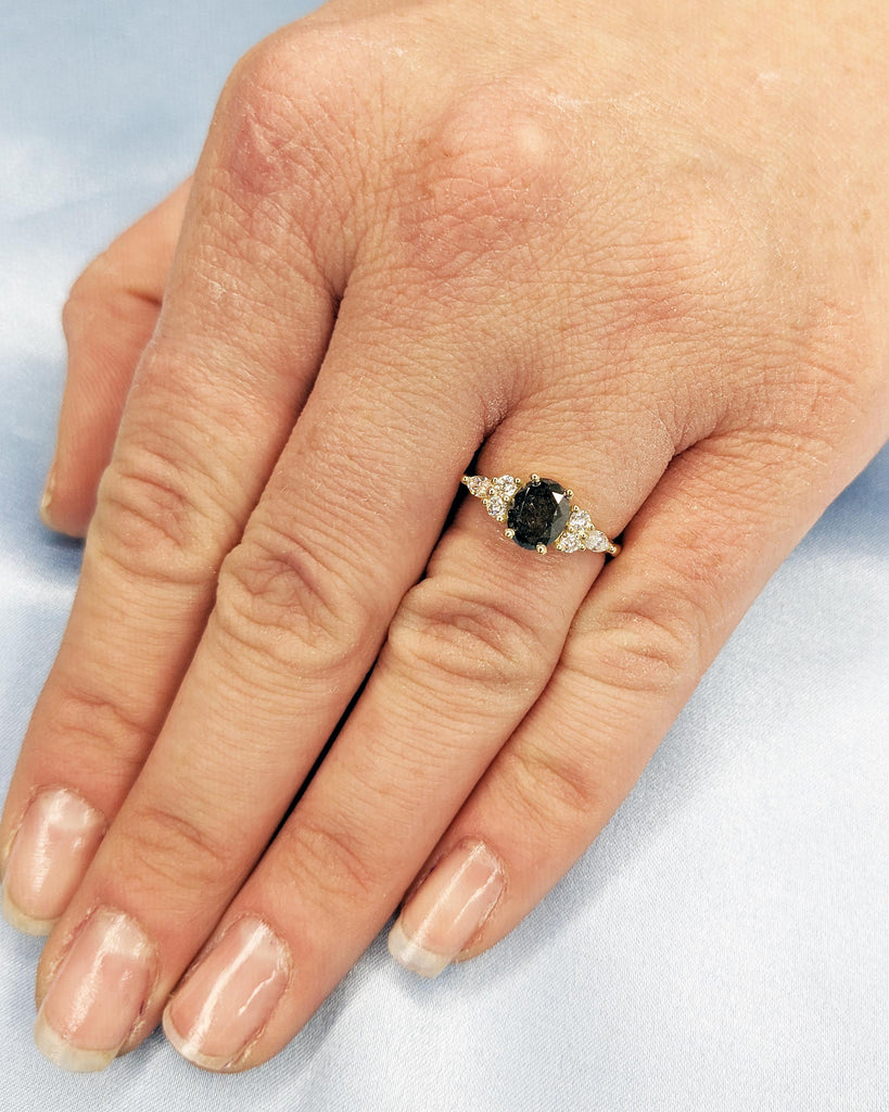 Galaxy Salt and Pepper Diamond Oval Engagement Ring, Diamond Cluster Multi-Stone Wedding Ring, 14K Yellow Gold Salt and Pepper Diamond Ring