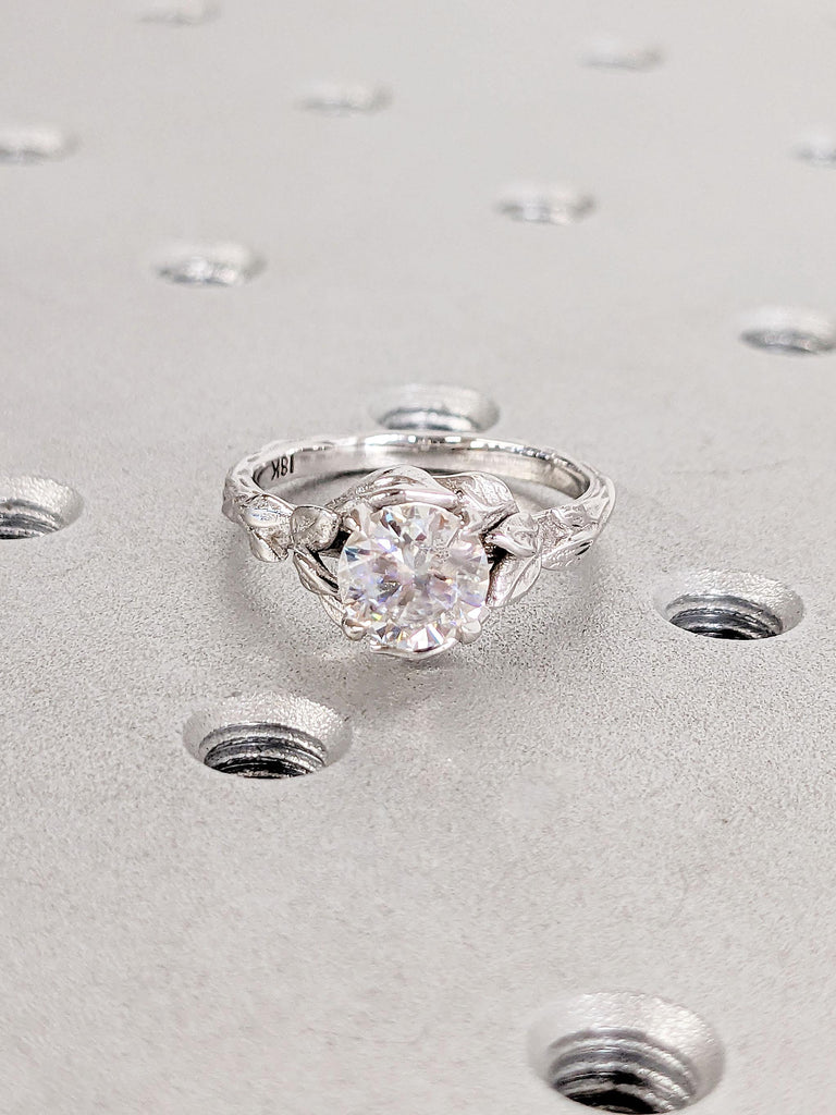 1ct Round Moissanite Solitaire Engagement Ring | Leaf and Twigs Promise Ring | 18k White Gold Rings for Women