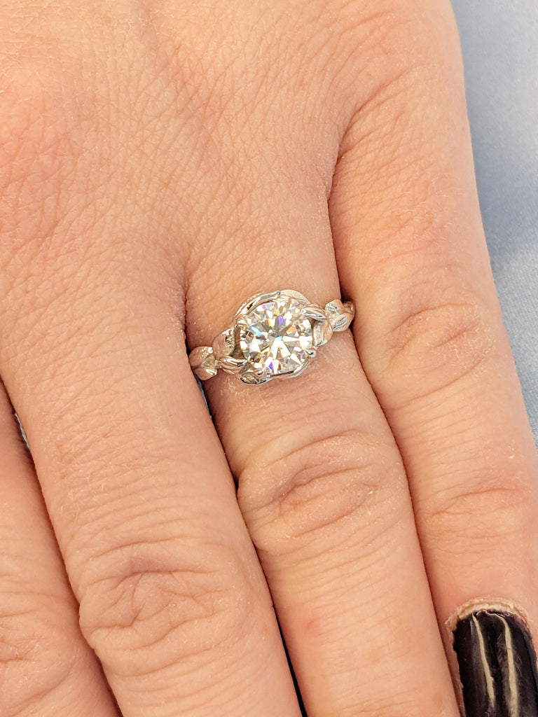 VVS White Moissanite Ring | 18k White Gold Engagement Ring | Round cut Moissanite Solitaire | Rustic Engagement Ring | Leaf and Twigs Ring