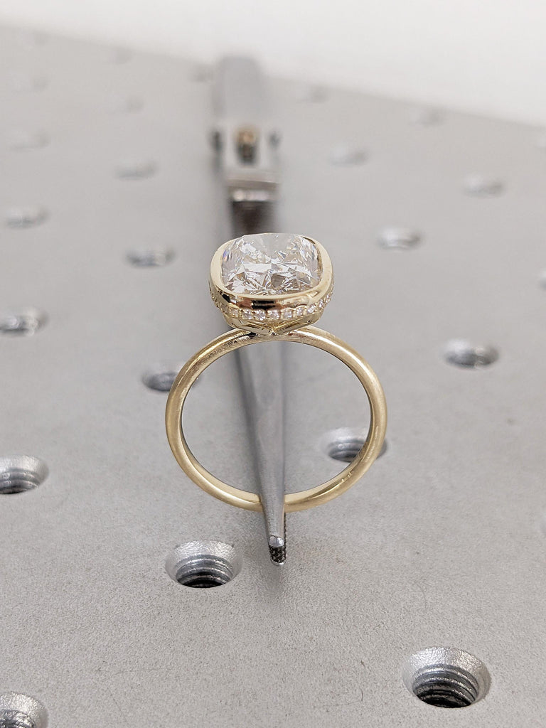 Dainty 14K Yellow Gold Lab Grown Diamond Ring, Art Deco Bezel Set Diamond Statement Ring, Vintage Hidden Halo Engagement Ring, Gift for Wife