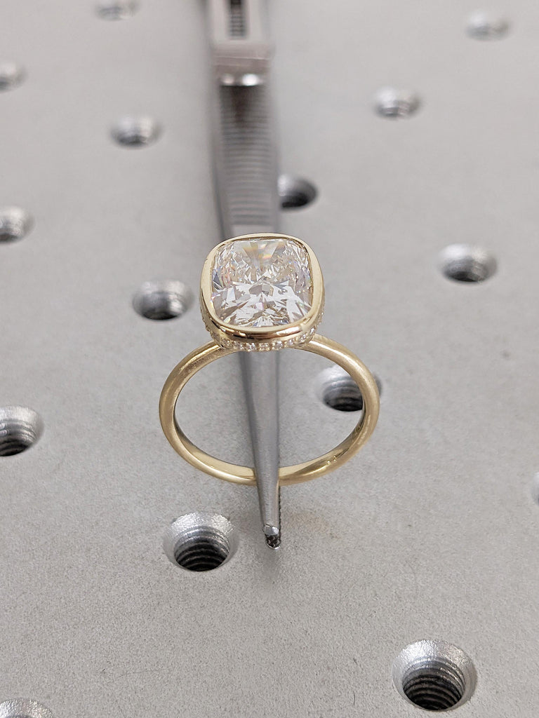 Dainty 14K Yellow Gold Lab Grown Diamond Ring, Art Deco Bezel Set Diamond Statement Ring, Vintage Hidden Halo Engagement Ring, Gift for Wife