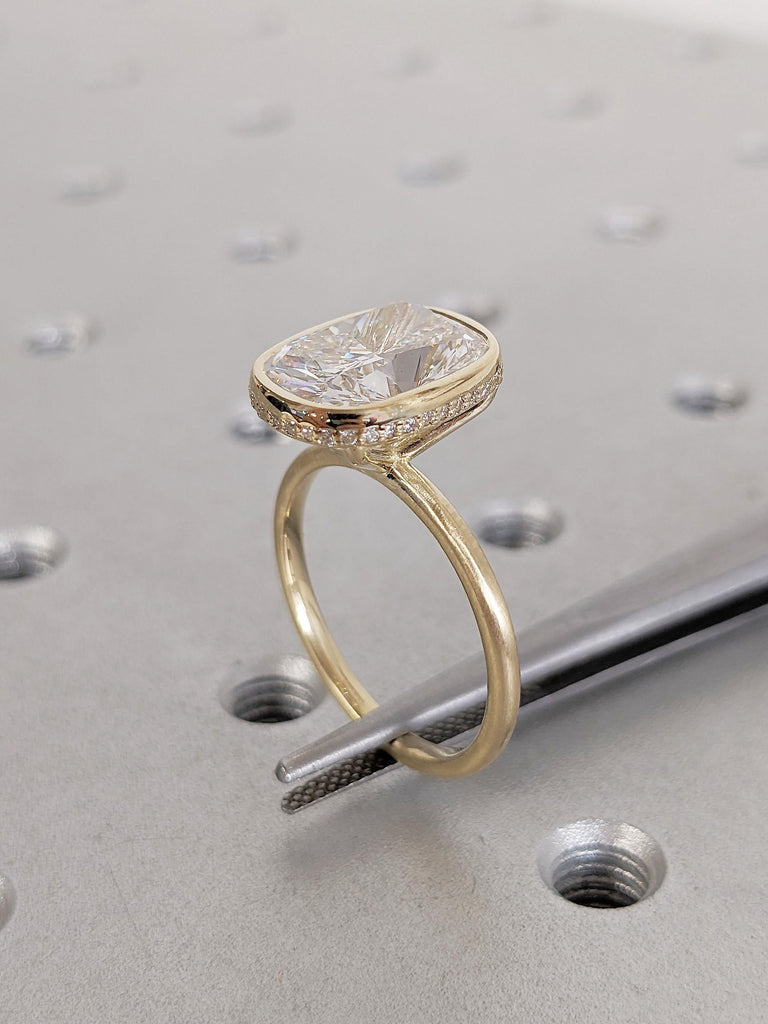 Dainty 14K Yellow Gold Lab Grown Diamond Ring, Art Deco Bezel Set Diamond Statement Ring, Vintage Hidden Halo Engagement Ring, Gift for Wife