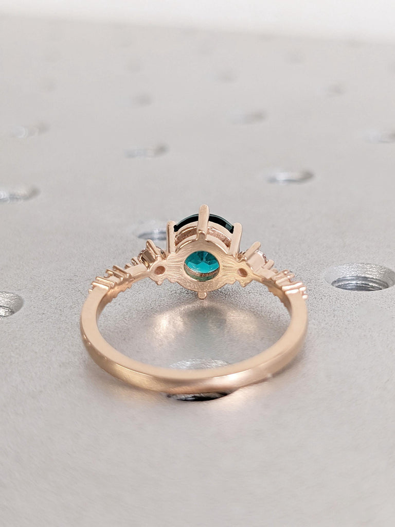 18k Rose Gold Rings for Women | Emerald and Diamond Engagement Ring | Round Green Emerald Ring | Delicate Lab Diamond Cluster Promise Ring