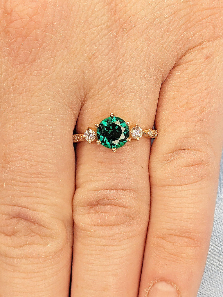 18k Rose Gold Rings for Women | Emerald and Diamond Engagement Ring | Round Green Emerald Ring | Delicate Lab Diamond Cluster Promise Ring