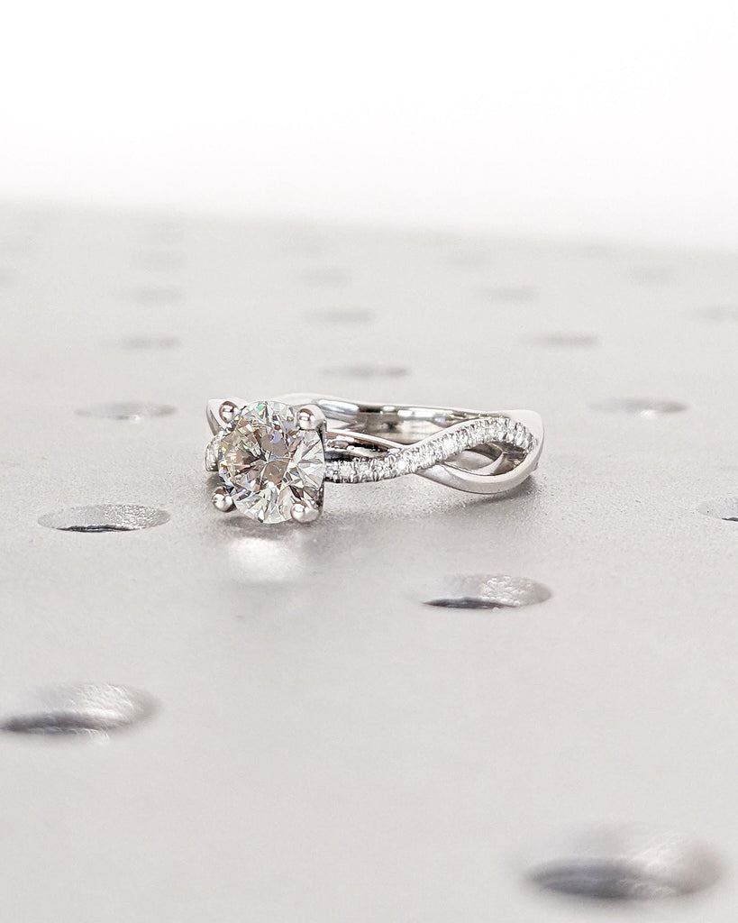 Twist Moissanite Engagement Ring • Platinum • 14K Solid Gold • Twist Band Ring • Diamond Pave Wedding Ring • Modern Anniversary Ring For Her