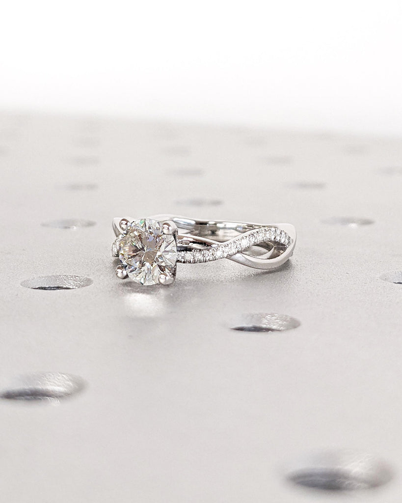 Solitaire Round Moissanite Engagement Ring in Platinum, 14K Gold Dainty Twist Wedding Band, Pave Diamond Twisted Ring, Promise Proposal Ring