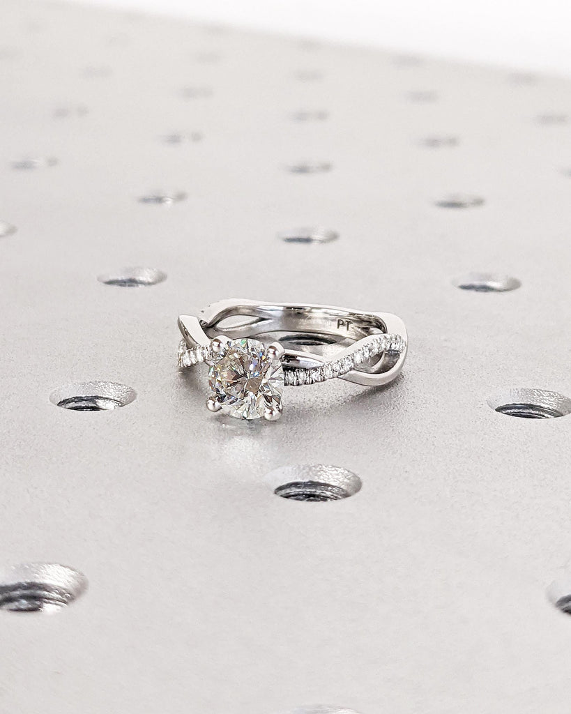 Twist Moissanite Engagement Ring • Platinum • 14K Solid Gold • Twist Band Ring • Diamond Pave Wedding Ring • Modern Anniversary Ring For Her