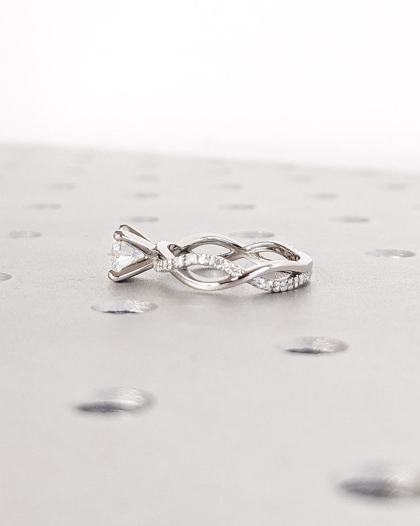 Solitaire Round Moissanite Engagement Ring in Platinum, 14K Gold Dainty Twist Wedding Band, Pave Diamond Twisted Ring, Promise Proposal Ring