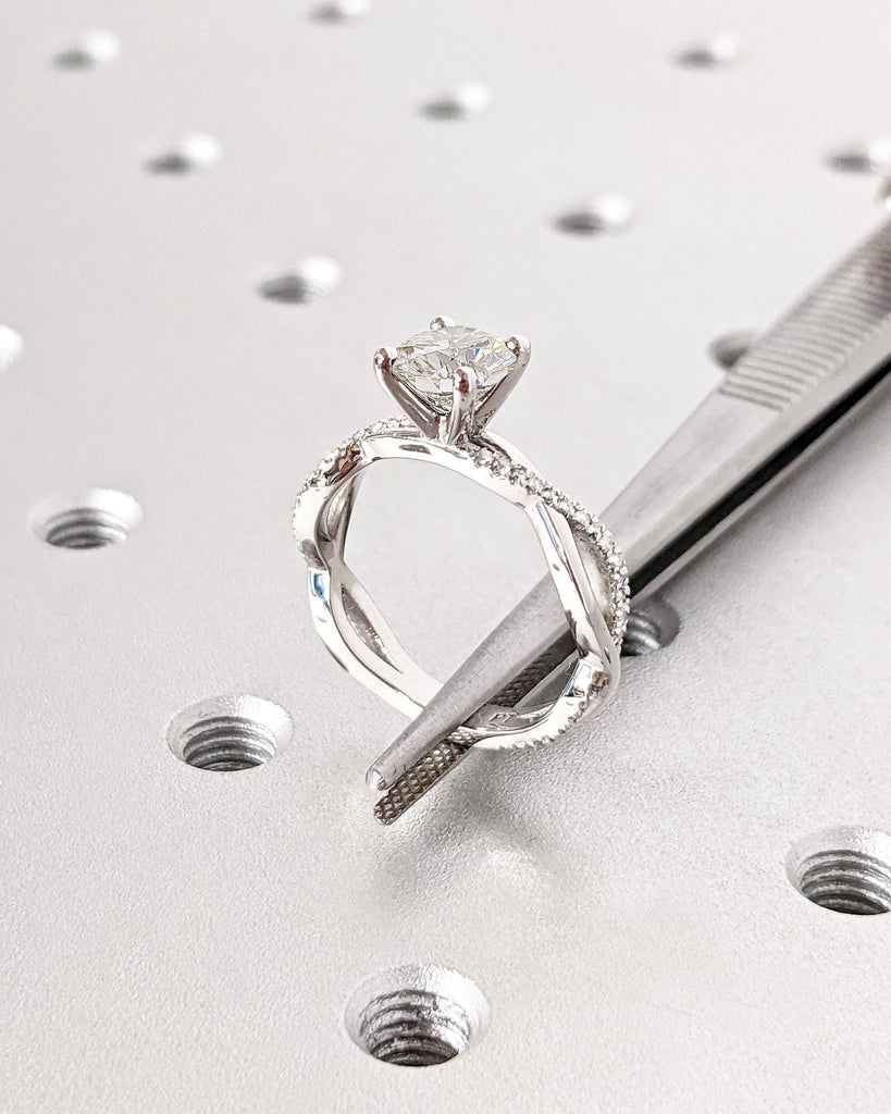 Solitaire Round Moissanite Engagement Ring in Platinum, 14K Gold Dainty Twist Wedding Band, Pave Diamond Twisted Ring, Promise Proposal Ring
