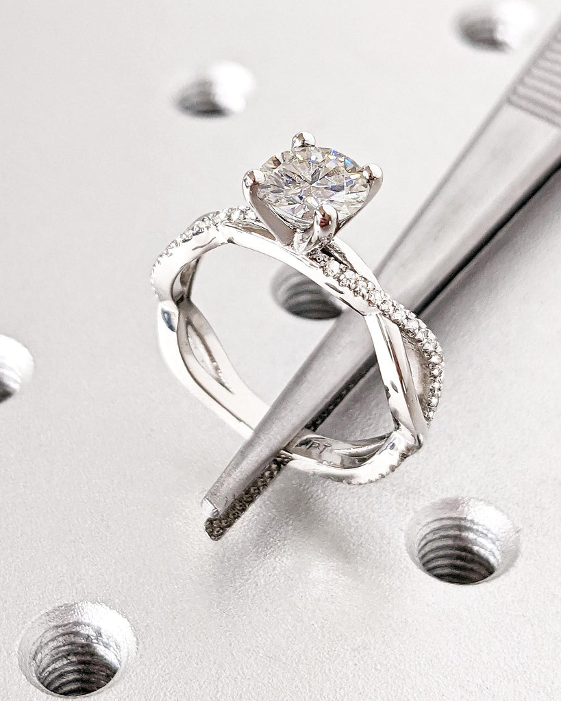 Solitaire Round Moissanite Engagement Ring in Platinum, 14K Gold Dainty Twist Wedding Band, Pave Diamond Twisted Ring, Promise Proposal Ring