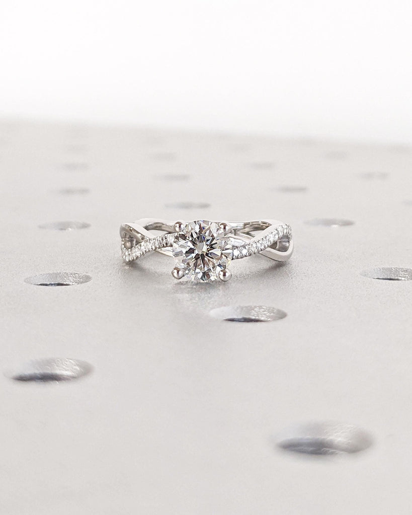 Solitaire Round Moissanite Engagement Ring in Platinum, 14K Gold Dainty Twist Wedding Band, Pave Diamond Twisted Ring, Promise Proposal Ring