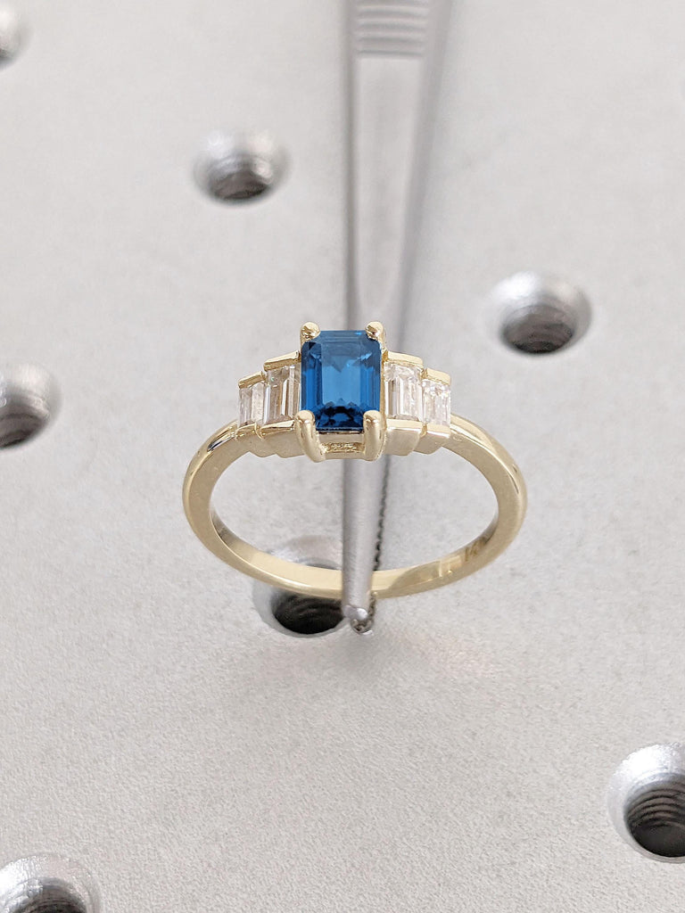 Emerald cut Blue Sapphire Engagement Ring for Her | Delicate Diamond and Sapphire Wedding Anniversary Ring