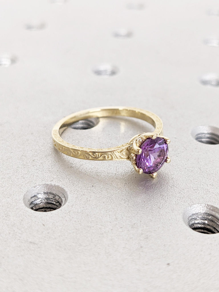 Filigree 14k Yellow Gold Wedding Band | Unique Lab Alexandrite Anniversary Ring | Art Deco Promise Rings for Women | Birthday Gift for Wife