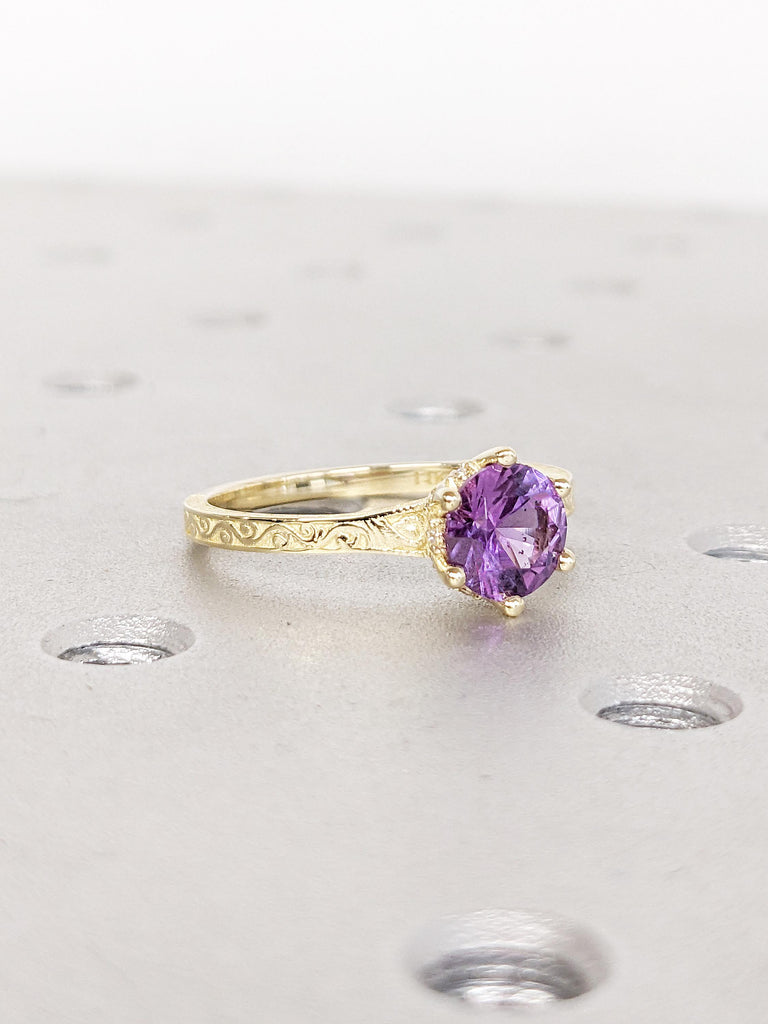 Round Lab Alexandrite Engagement Ring, 14k Yellow Gold Hidden Halo Ring, Vintage Alexandrite Ring, Art Deco Filigree Ring, Anniversary Gift