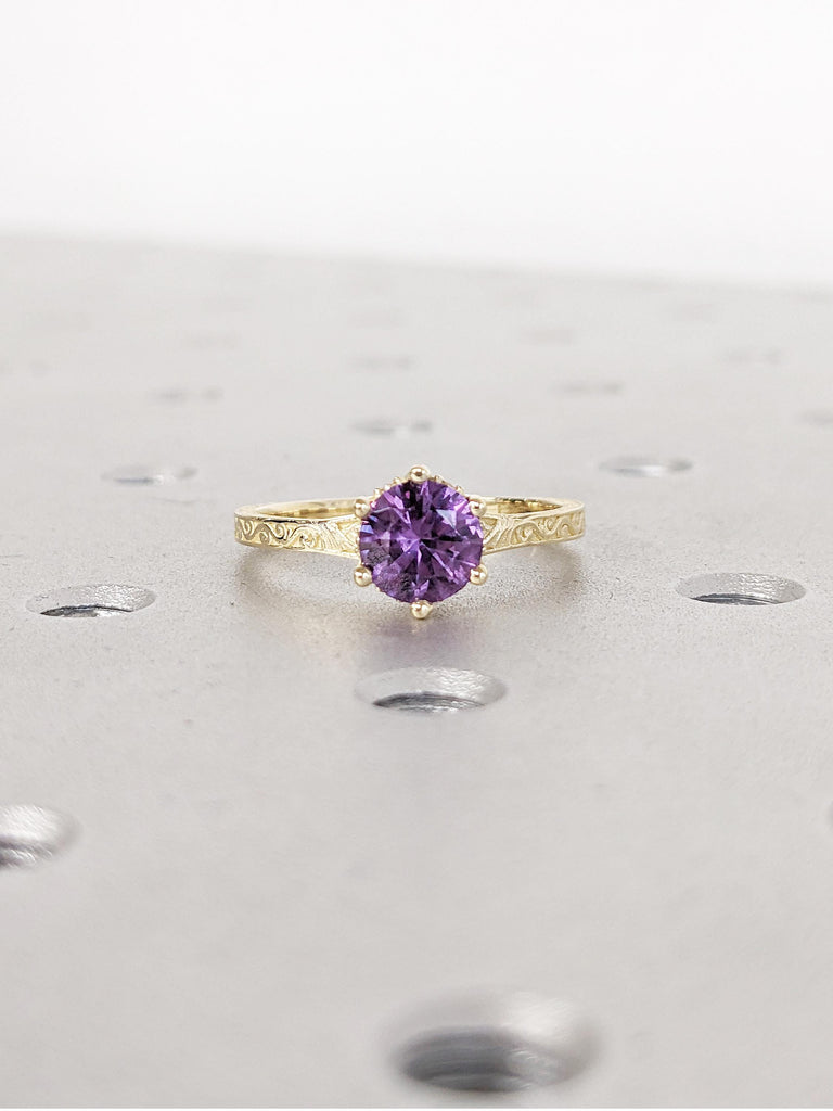 Round Lab Alexandrite Engagement Ring, 14k Yellow Gold Hidden Halo Ring, Vintage Alexandrite Ring, Art Deco Filigree Ring, Anniversary Gift