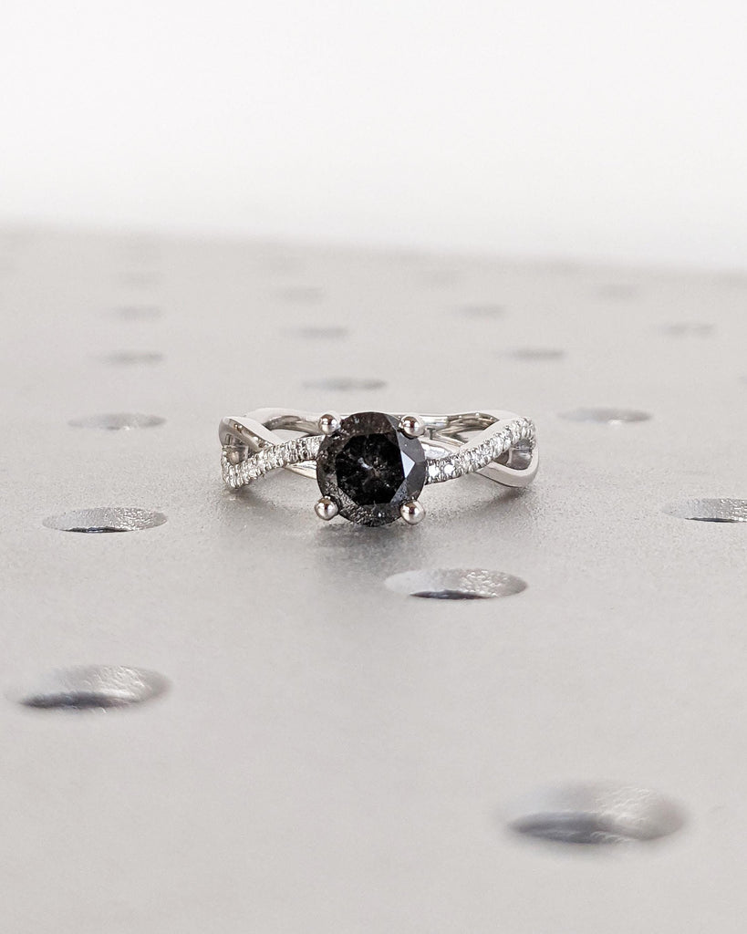 Twist Salt and Pepper Diamond Engagement Ring • Platinum • 14K Solid Gold • Twisted Band Ring • Diamond Pave Wedding Ring • Anniversary Ring