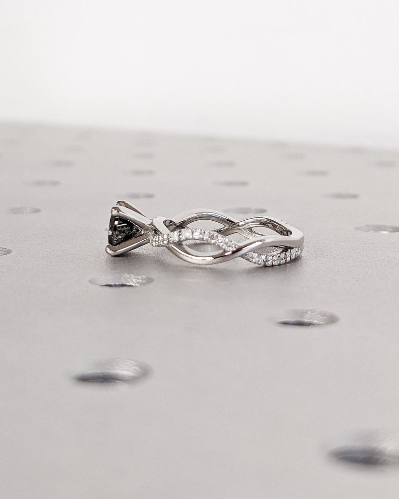 Twist Salt and Pepper Diamond Engagement Ring • Platinum • 14K Solid Gold • Twisted Band Ring • Diamond Pave Wedding Ring • Anniversary Ring