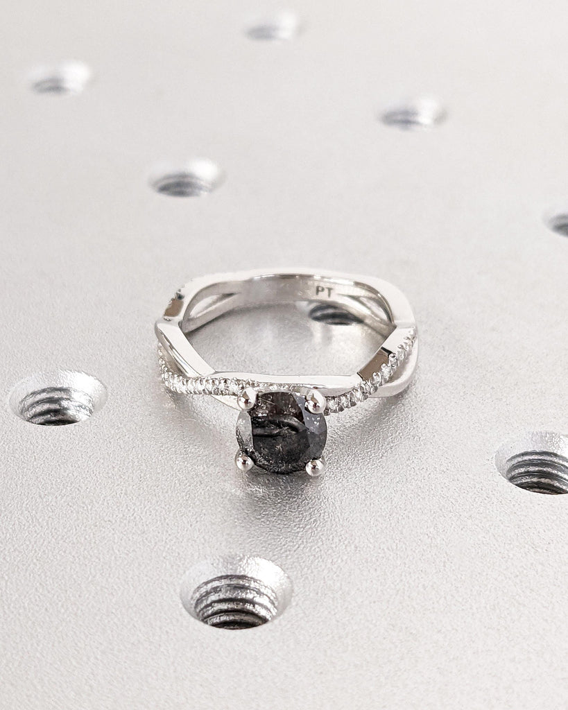 Twist Salt and Pepper Diamond Engagement Ring • Platinum • 14K Solid Gold • Twisted Band Ring • Diamond Pave Wedding Ring • Anniversary Ring