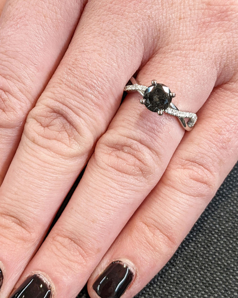 Twist Salt and Pepper Diamond Engagement Ring • Platinum • 14K Solid Gold • Twisted Band Ring • Diamond Pave Wedding Ring • Anniversary Ring