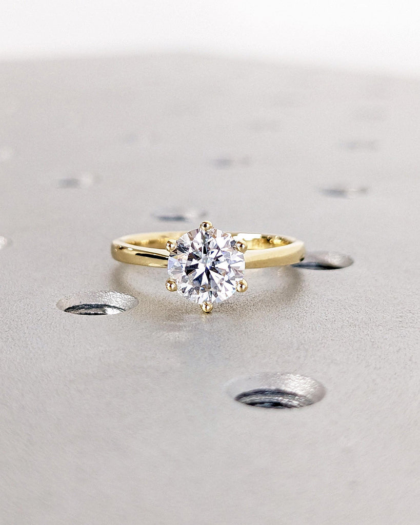 Round Cut Cathedral Engagement Ring, Moissanite Solitaire Engagement Ring, Dainty 14k Yellow Gold Promise Ring for Her, Bridal Gift for Wife