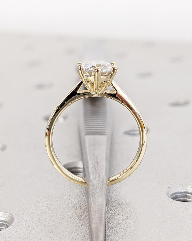 Round Cut Cathedral Engagement Ring, Moissanite Solitaire Engagement Ring, Dainty 14k Yellow Gold Promise Ring for Her, Bridal Gift for Wife