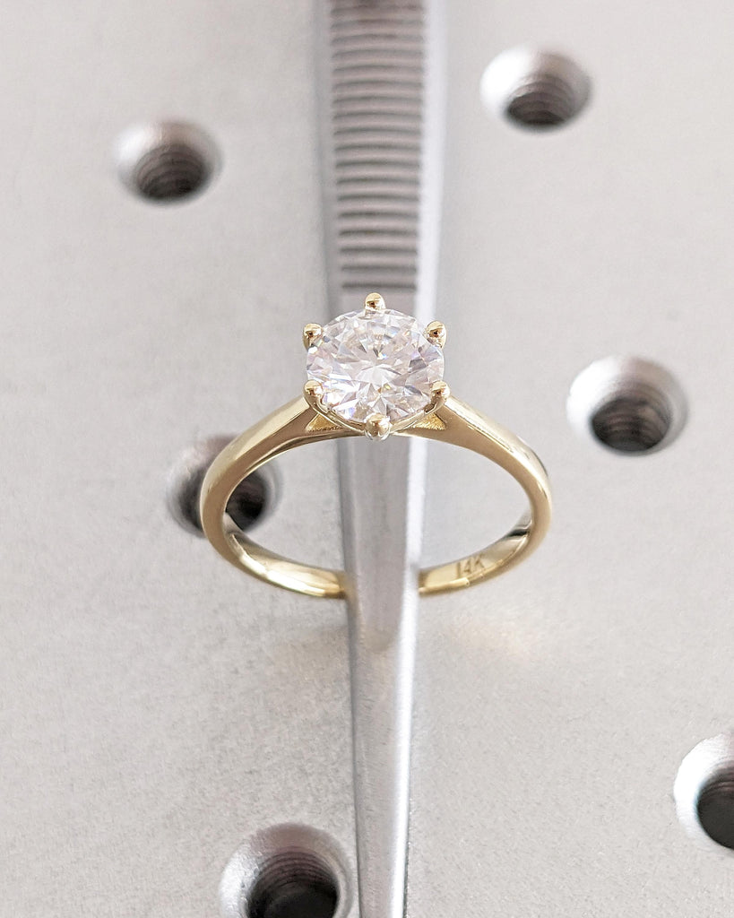 Round Cut Cathedral Engagement Ring, Moissanite Solitaire Engagement Ring, Dainty 14k Yellow Gold Promise Ring for Her, Bridal Gift for Wife