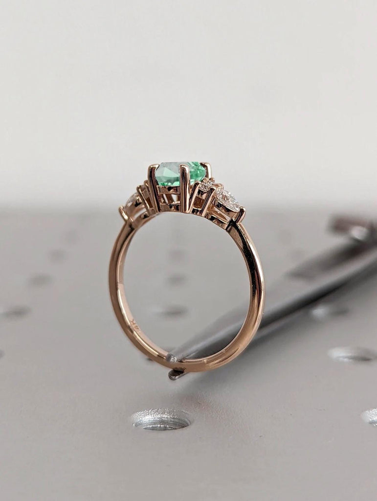 Unique Green Lab Sapphire Promise Ring for Her, Dainty 14k Rose Gold Wedding Band, Pear Cut Green Sapphire Ring, Vintage Green Gemstone Ring