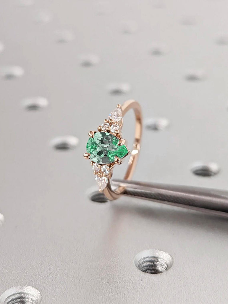 Unique Green Lab Sapphire Ring | Solid Rose Gold Sapphire and Man Made Diamond Promise Ring | 14kGold Rings for Women | Pear cut Engagement Ring