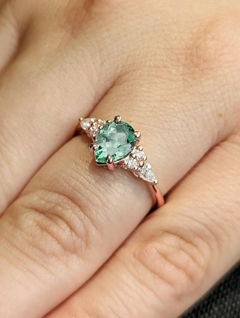 1.5 Carat Green Sapphire Engagement Ring, 14K / 18k Rose Gold, Light Green Sapphire, Greenish Sapphire Ring, Olive Sapphire, Teal Sapphire Ring