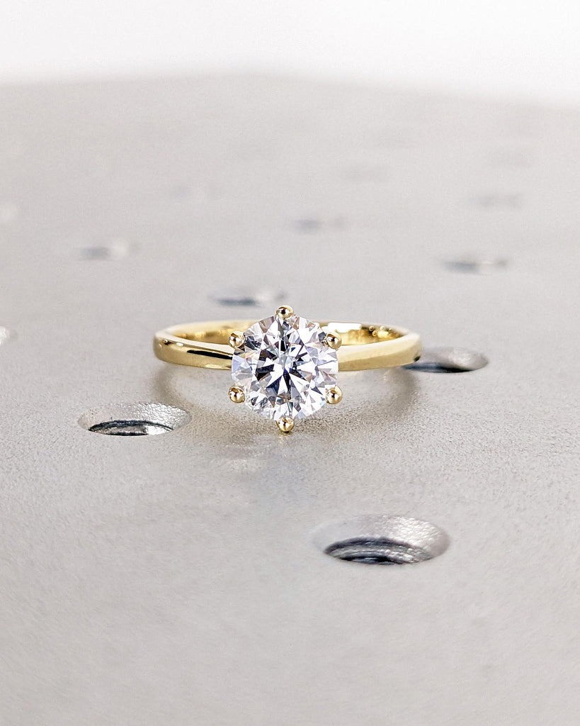 Lab Diamond Solitaire Cathedral Ring / Round Lab Diamond Ring / Dainty 14k Yellow Gold Promise Ring / Statement Ring / Bridal Gift for Wife