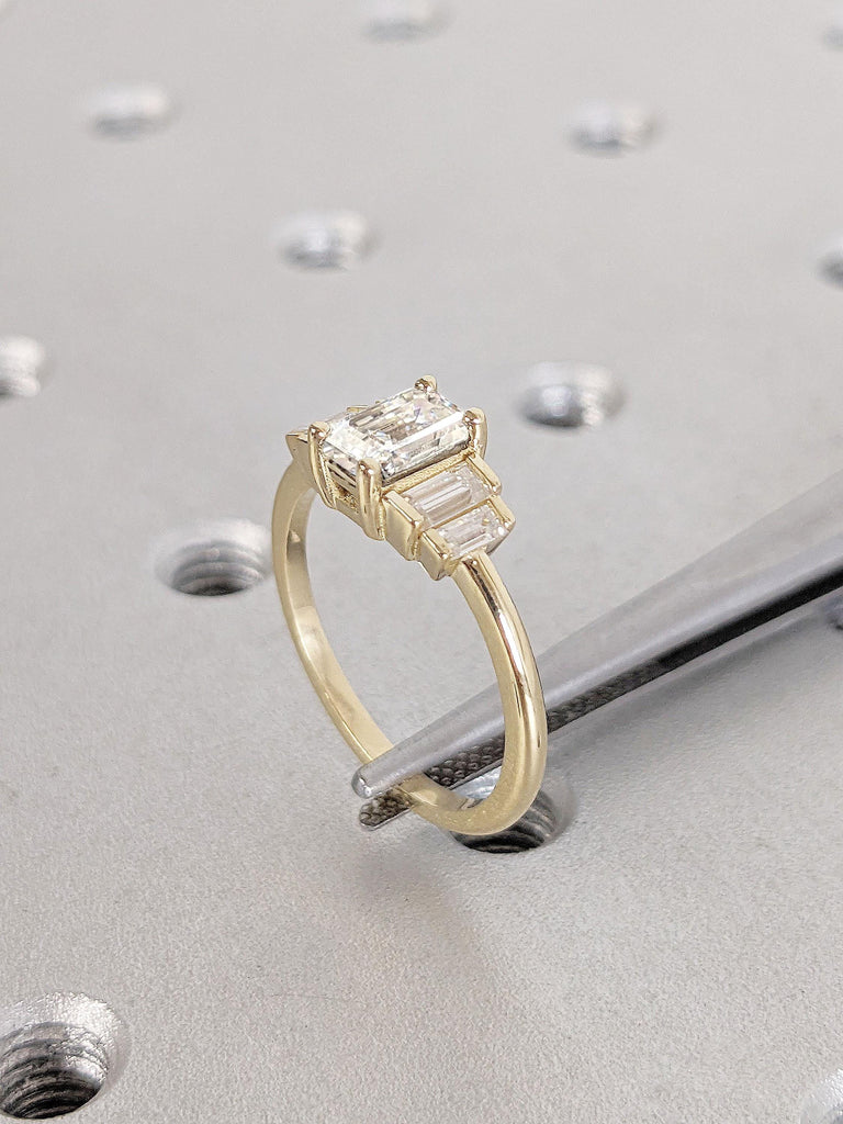 Certified IGI Diamond Ring | Emerald cut Lab Created Diamond Cluster Engagement Ring | Real Yellow Gold Ring | Unique Dainty Proposal Ring