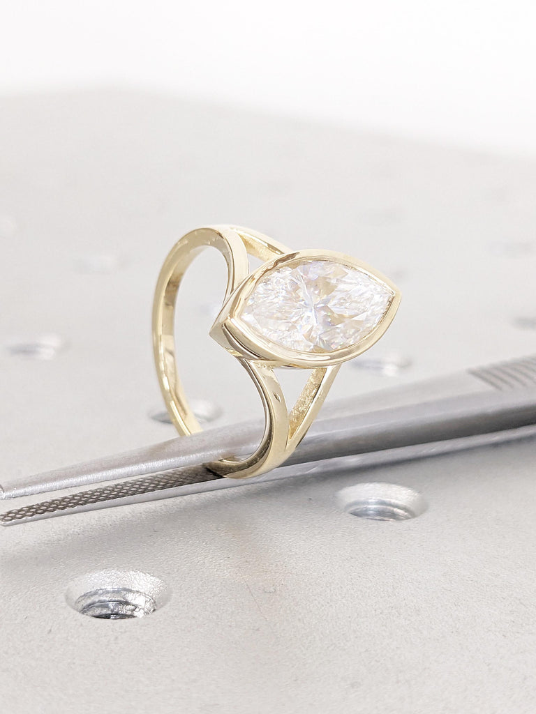 Bezel Set 14k Solid Gold Split Shank Ring, Marquise Cut Moissanite Anniversary Ring, Vintage Promise Ring for Her, Moissanite Statement Ring