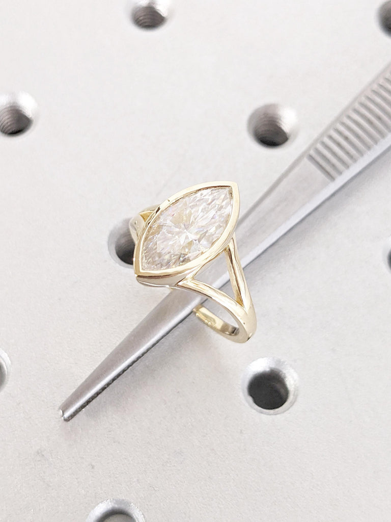 Bezel Set 14k Solid Gold Split Shank Ring, Marquise Cut Moissanite Anniversary Ring, Vintage Promise Ring for Her, Moissanite Statement Ring