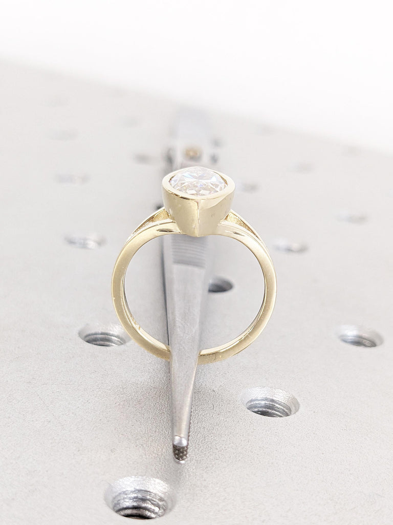 Bezel Set 14k Solid Gold Split Shank Ring, Marquise Cut Moissanite Anniversary Ring, Vintage Promise Ring for Her, Moissanite Statement Ring