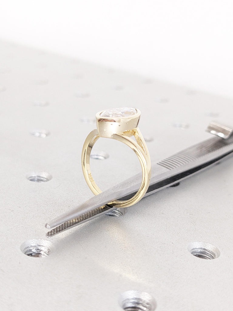 Bezel Set 14k Solid Gold Split Shank Ring, Marquise Cut Moissanite Anniversary Ring, Vintage Promise Ring for Her, Moissanite Statement Ring